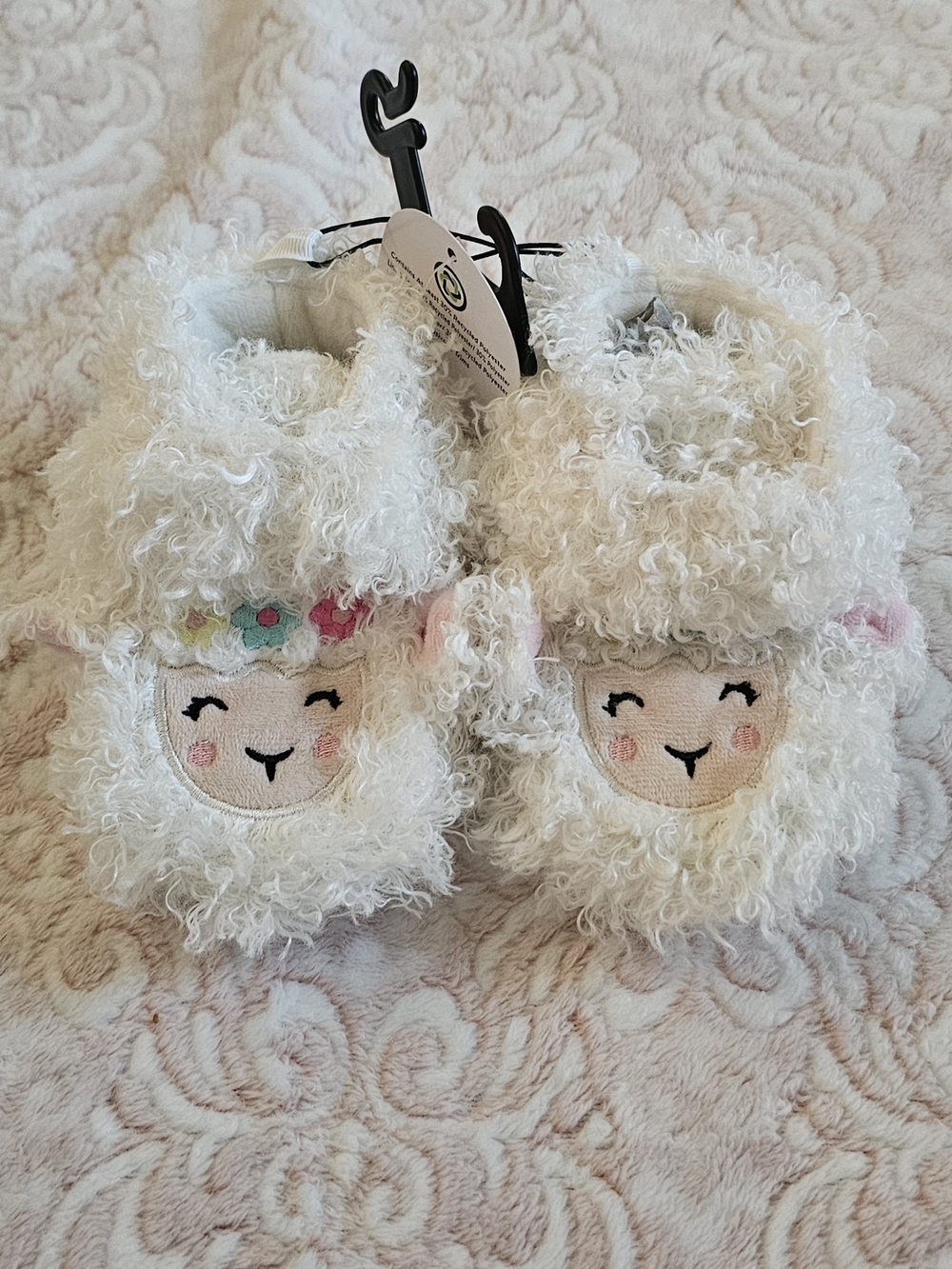 wonder nation White Curly Lamb Baby Booties with Floral Accents
